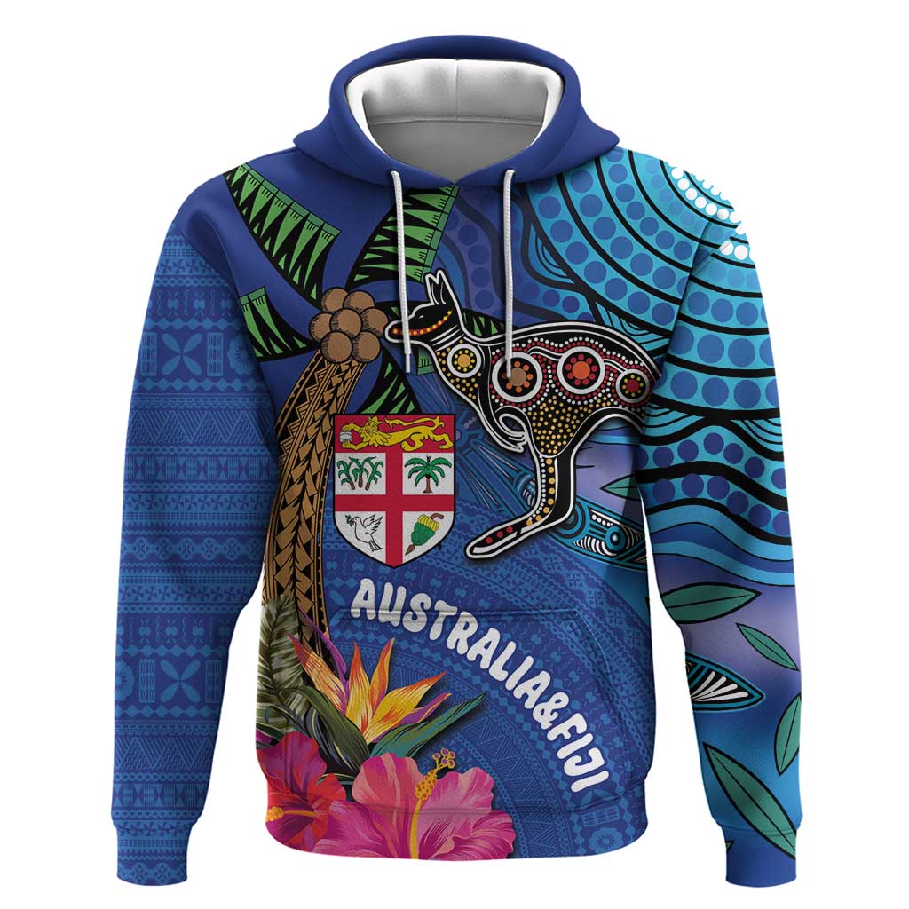 Fiji and Australia Together Hoodie Aboriginal Kangaroo and Tapa Tribal Hibiscus