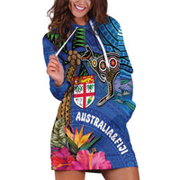 Fiji and Australia Together Hoodie Dress Aboriginal Kangaroo and Tapa Tribal Hibiscus