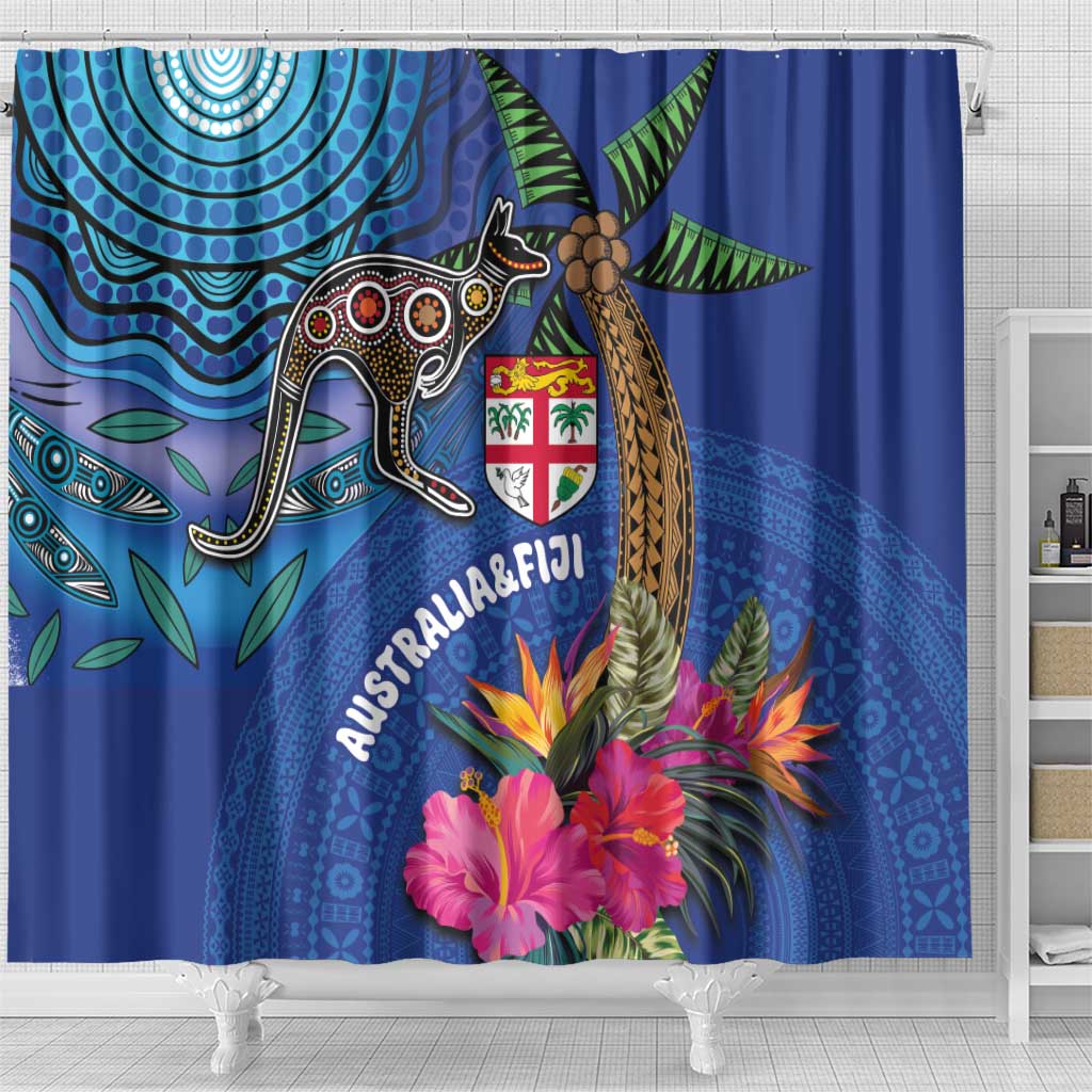 Fiji and Australia Together Shower Curtain Aboriginal Kangaroo and Tapa Tribal Hibiscus