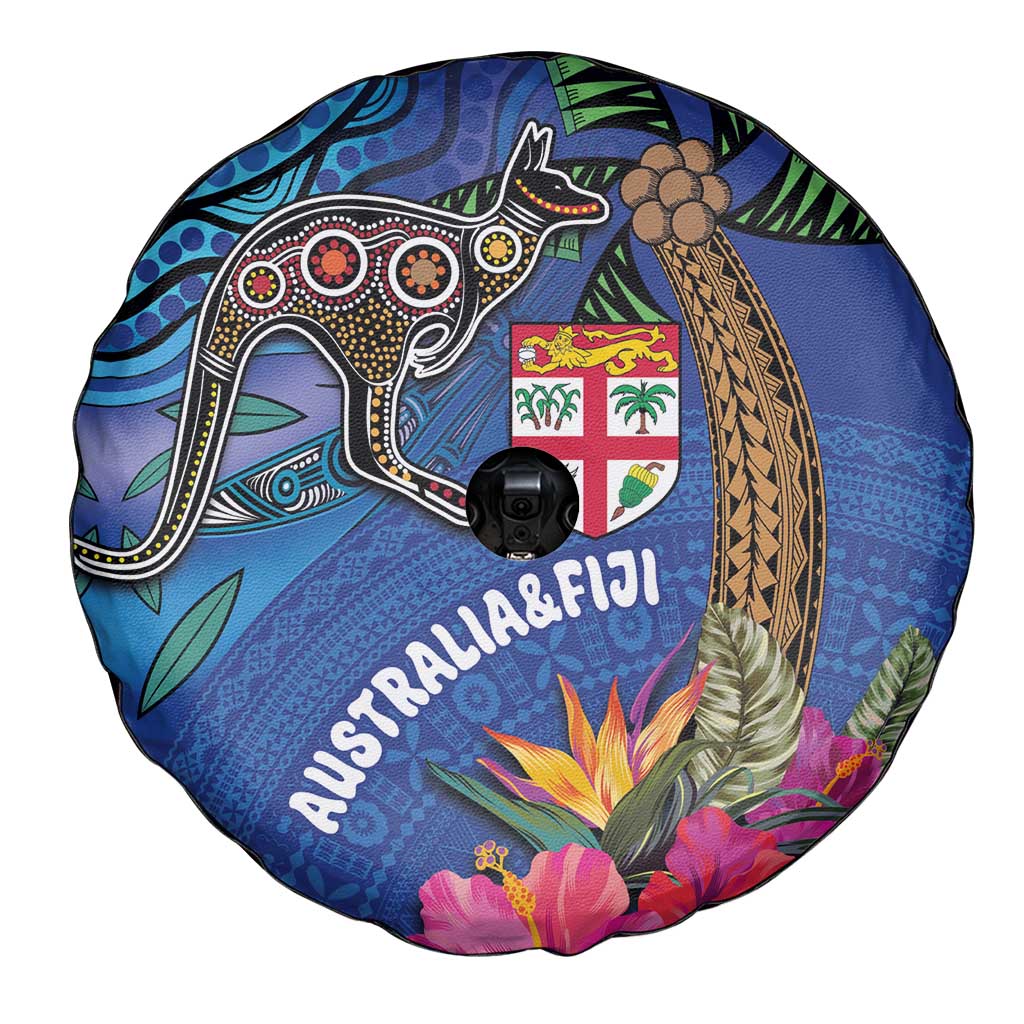 Fiji and Australia Together Spare Tire Cover Aboriginal Kangaroo and Tapa Tribal Hibiscus
