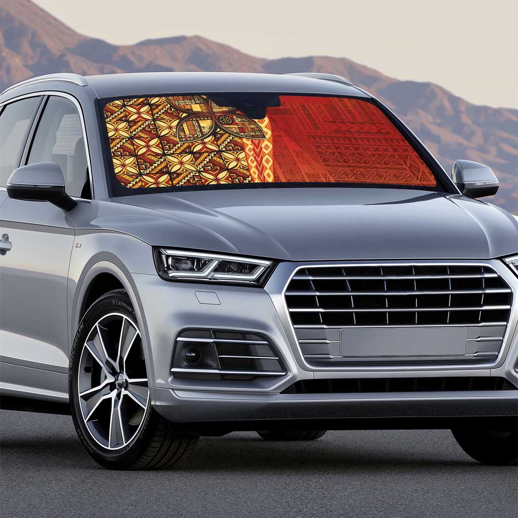 Samoan Pacific Tribal Flower Geometric Art Tattoos Auto Sun Shade Siapo Pattern Flame Sunset - Polynesian Pride