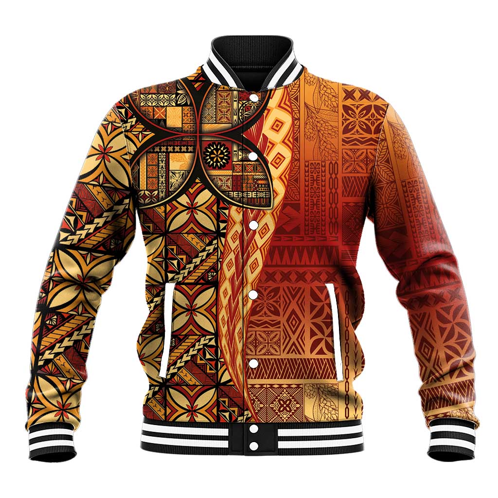 Samoan Pacific Tribal Flower Geometric Art Tattoos Baseball Jacket Siapo Pattern Flame Sunset - Polynesian Pride