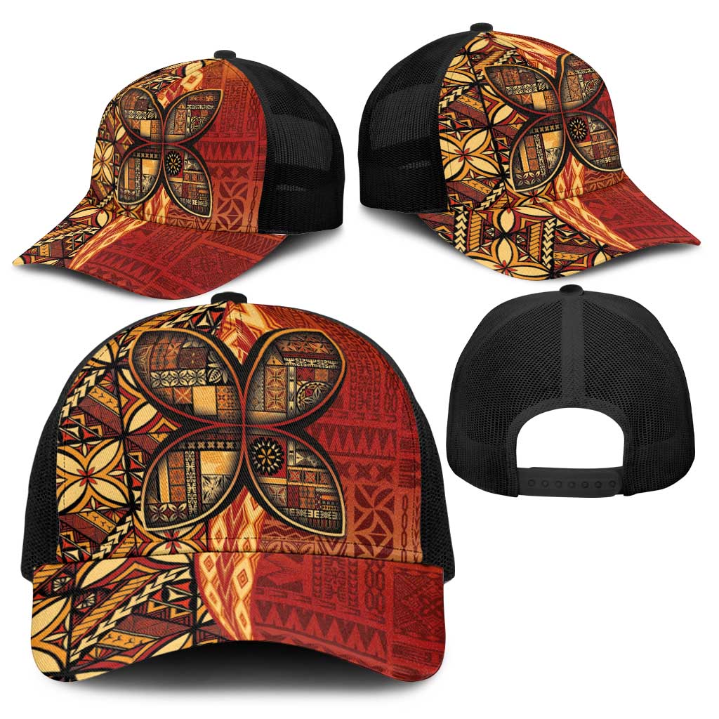 Samoan Pacific Tribal Flower Geometric Art Tattoos Baseball Net Cap Siapo Pattern Flame Sunset - Polynesian Pride