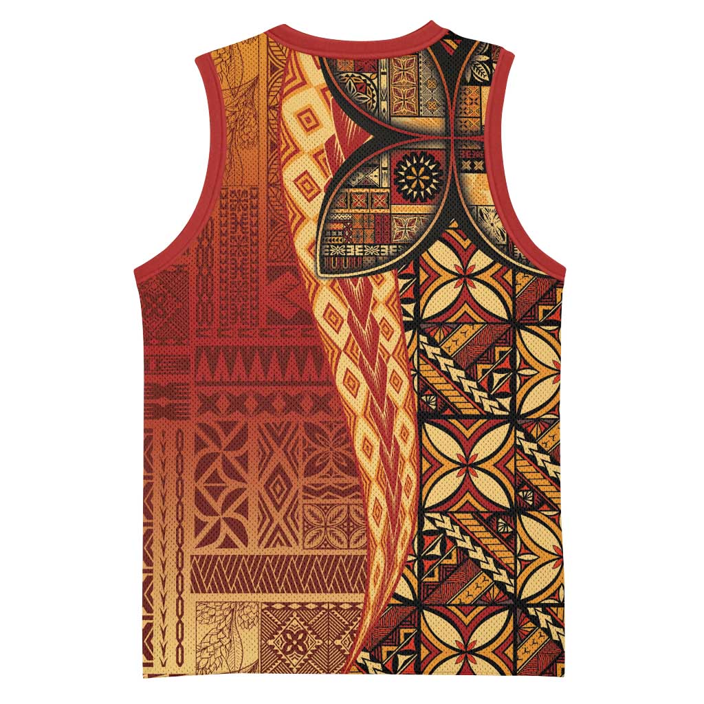Samoan Pacific Tribal Flower Geometric Art Tattoos Basketball Jersey Siapo Pattern Flame Sunset - Polynesian Pride