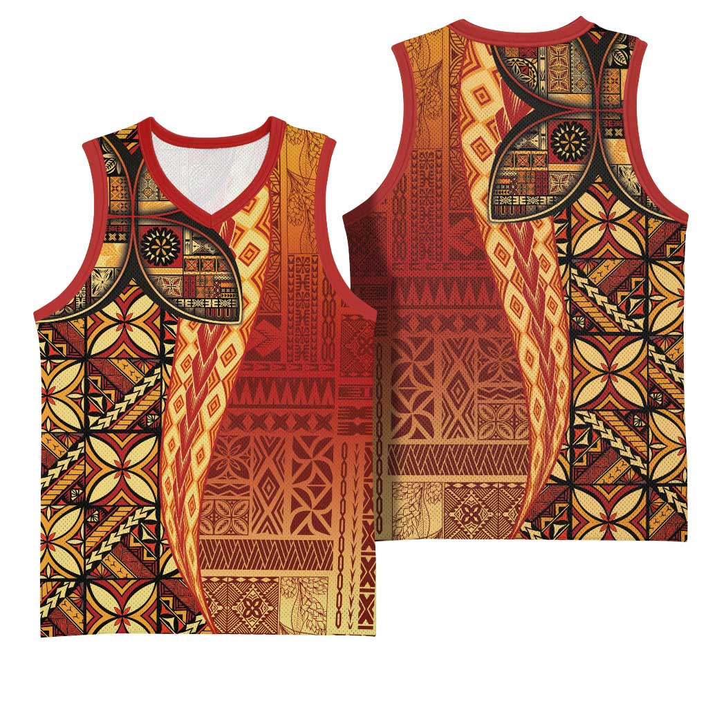 Samoan Pacific Tribal Flower Geometric Art Tattoos Basketball Jersey Siapo Pattern Flame Sunset - Polynesian Pride