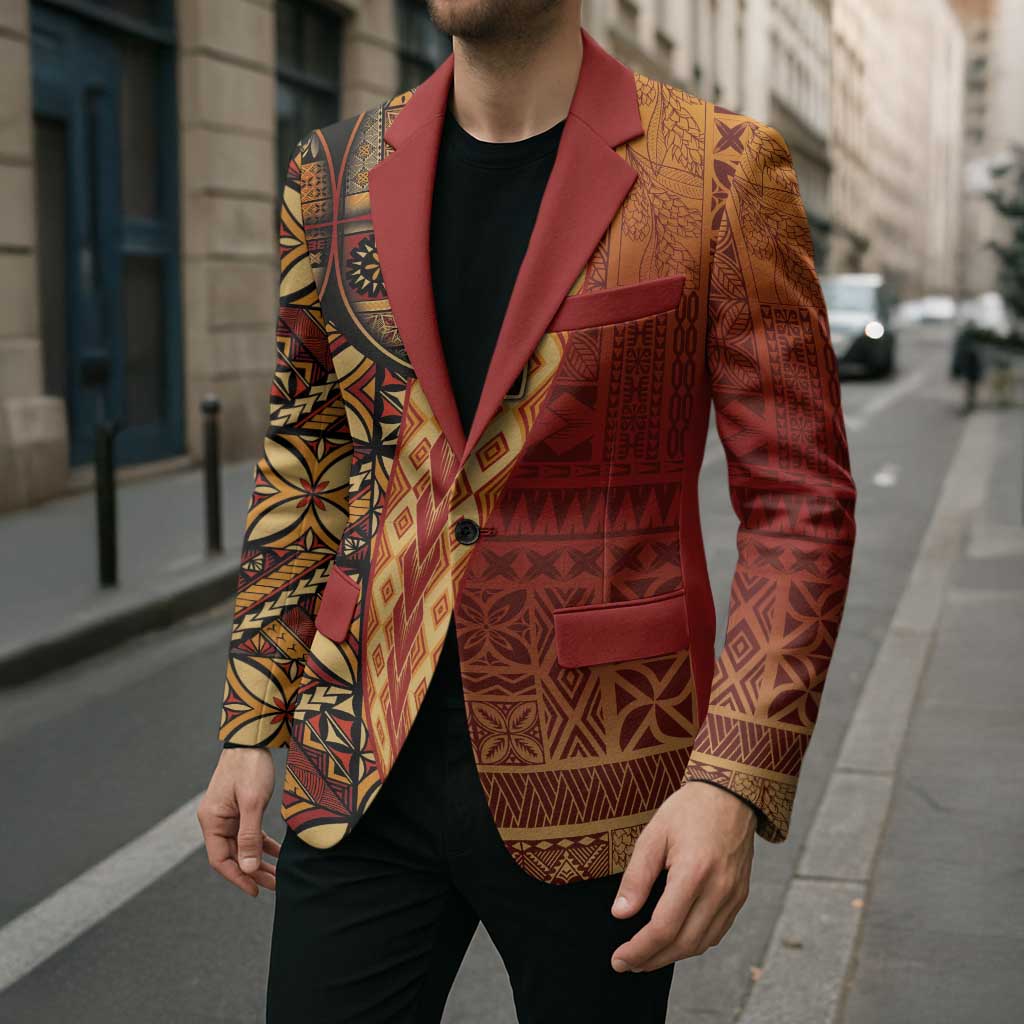 Samoan Pacific Tribal Flower Geometric Art Tattoos Blazer Siapo Pattern Flame Sunset - Polynesian Pride