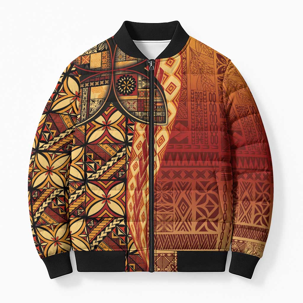 Samoan Pacific Tribal Flower Geometric Art Tattoos Bomber Puffer Jacket Siapo Pattern Flame Sunset - Polynesian Pride