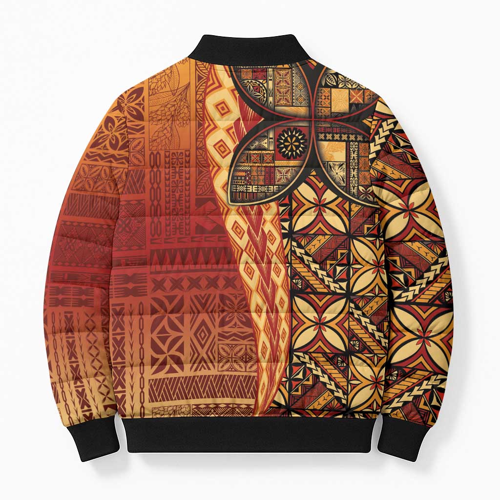Samoan Pacific Tribal Flower Geometric Art Tattoos Bomber Puffer Jacket Siapo Pattern Flame Sunset - Polynesian Pride