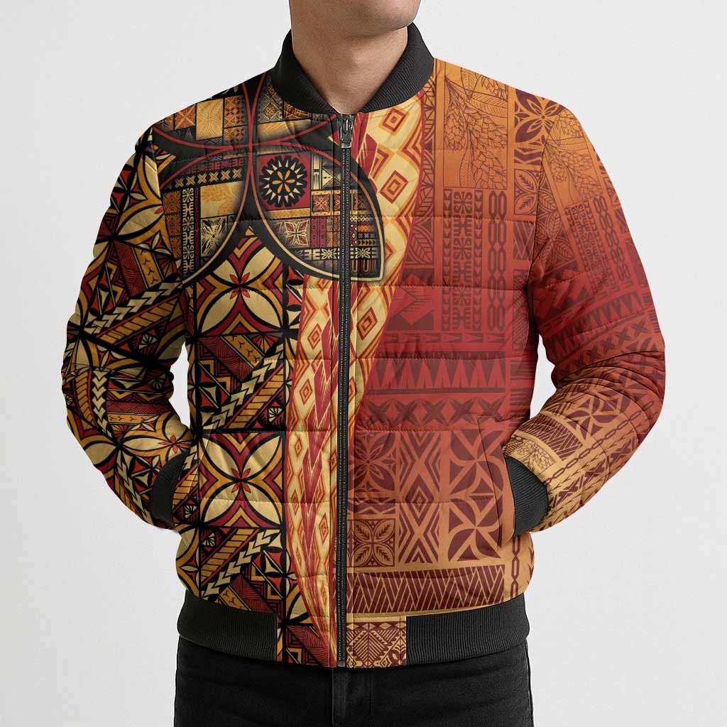 Samoan Pacific Tribal Flower Geometric Art Tattoos Bomber Puffer Jacket Siapo Pattern Flame Sunset - Polynesian Pride