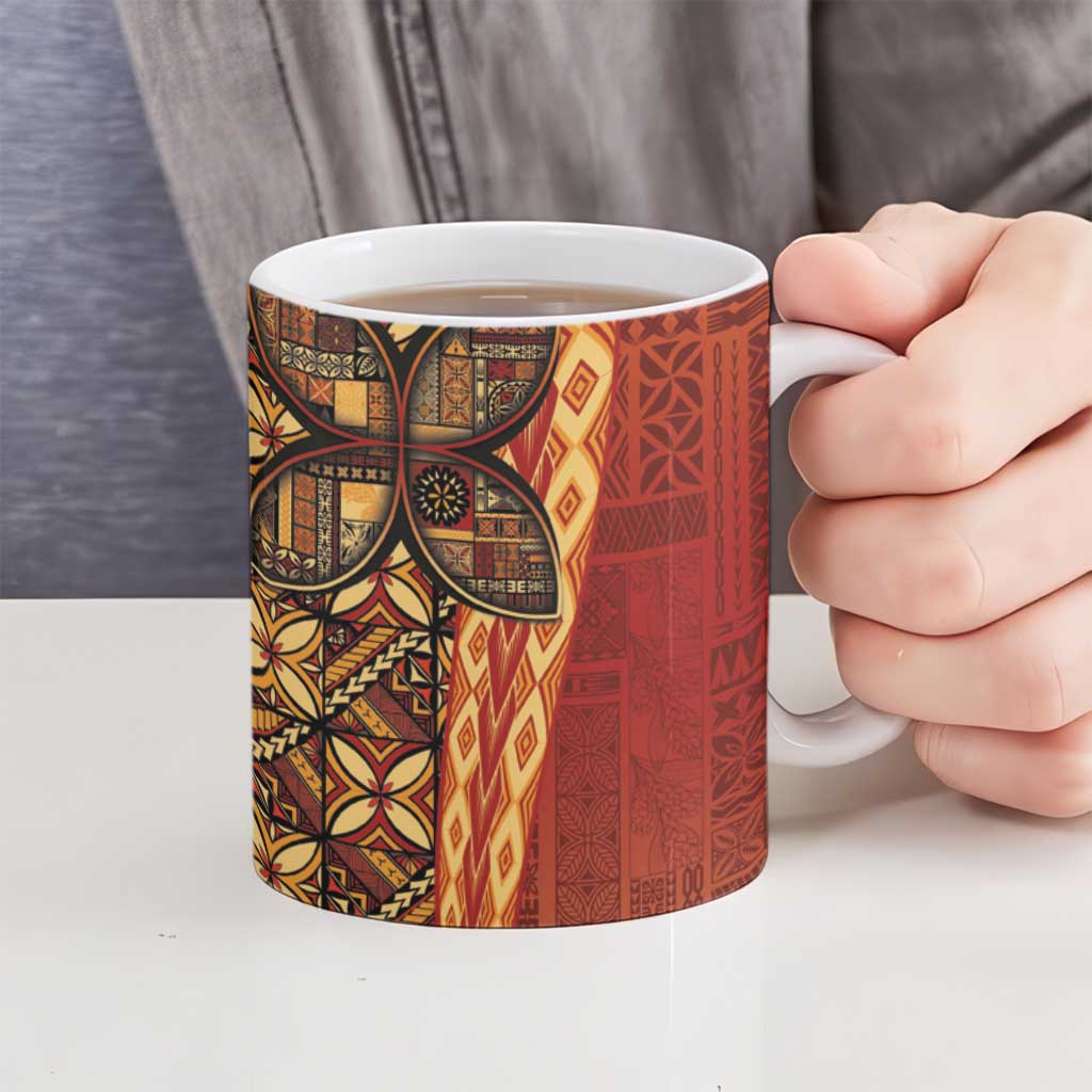 Samoan Pacific Tribal Flower Geometric Art Tattoos Ceramic Mug Siapo Pattern Flame Sunset - Polynesian Pride