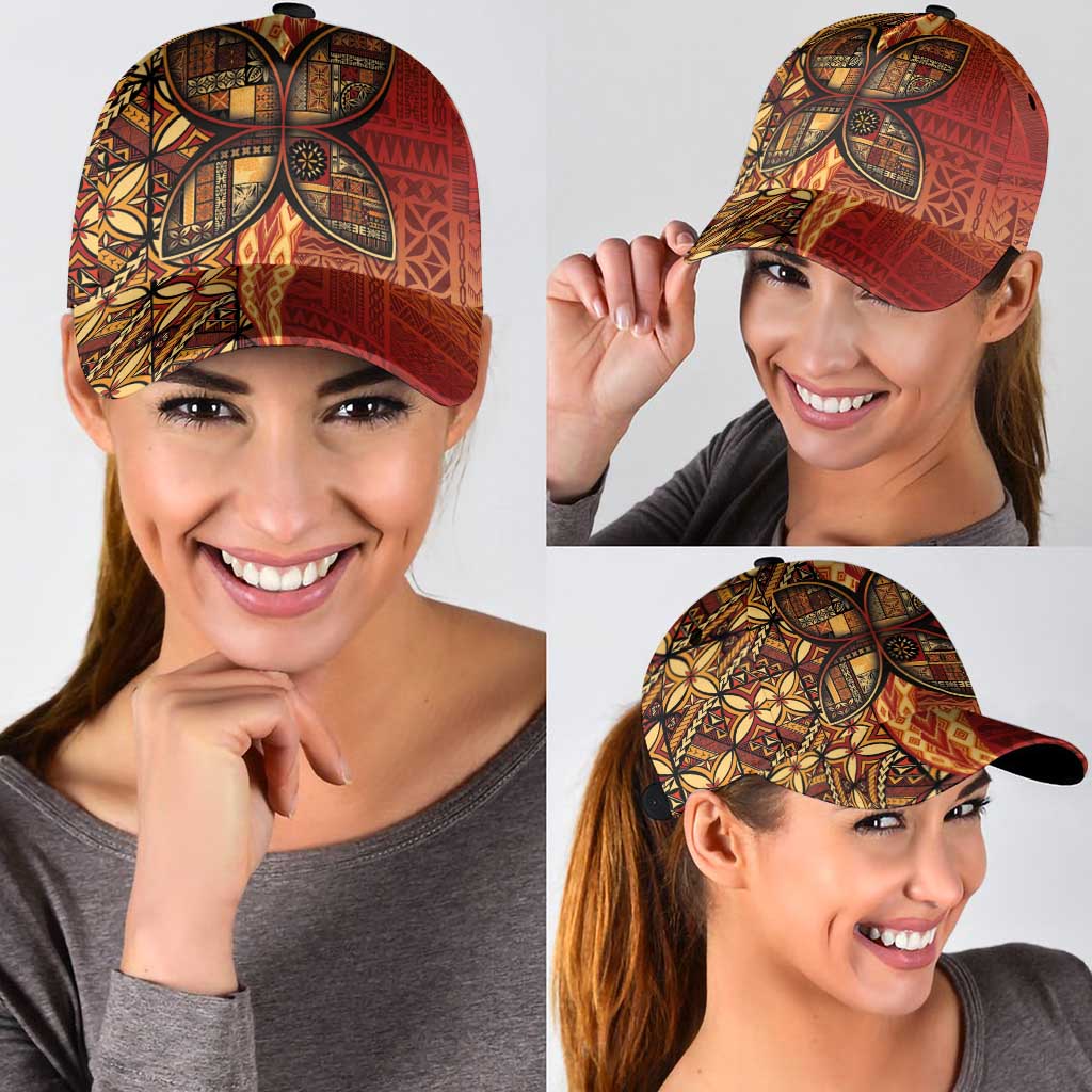 Samoan Pacific Tribal Flower Geometric Art Tattoos Classic Cap Siapo Pattern Flame Sunset - Polynesian Pride