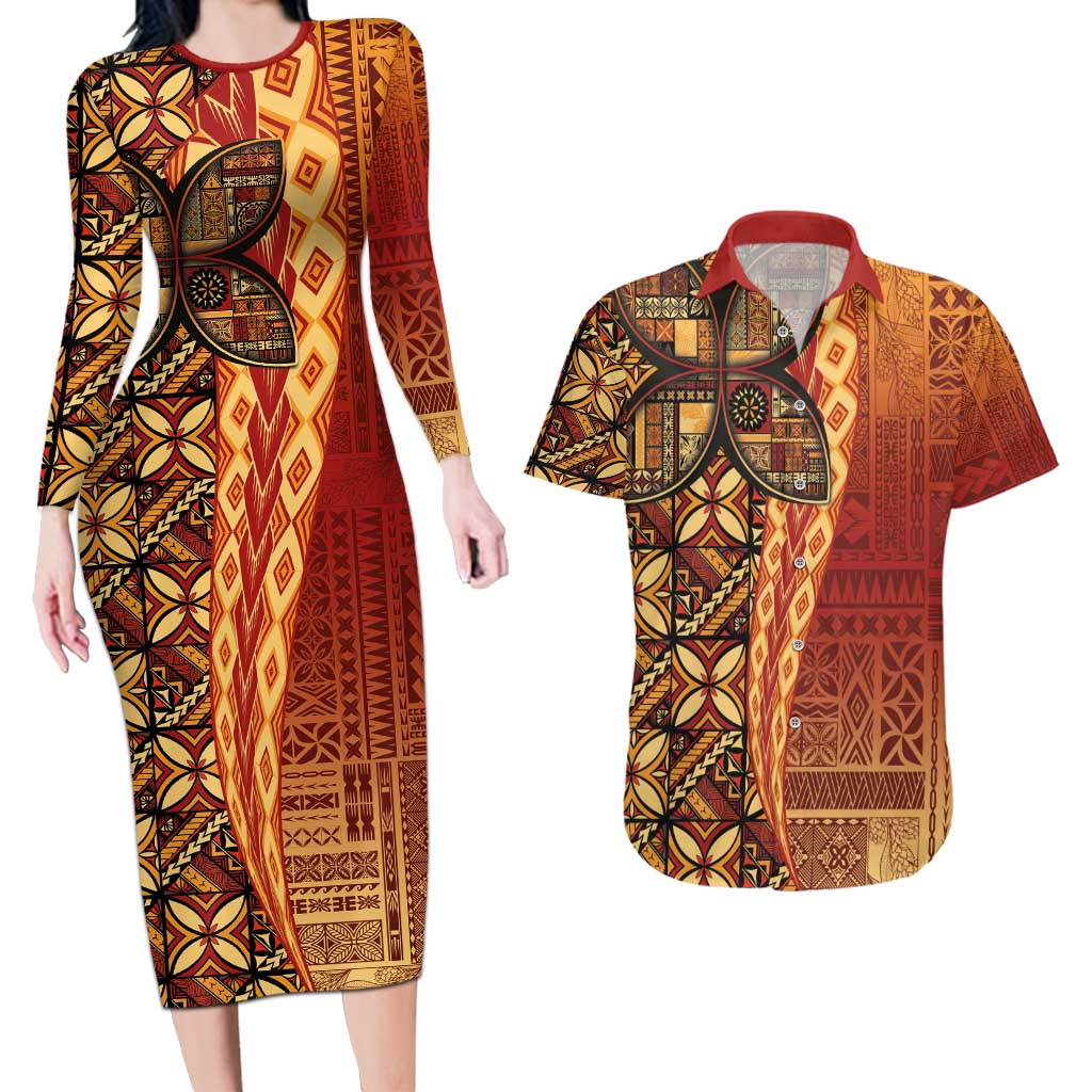 Samoan Pacific Tribal Flower Geometric Art Tattoos Couples Matching Long Sleeve Bodycon Dress and Hawaiian Shirt Siapo Pattern Flame Sunset - Polynesian Pride
