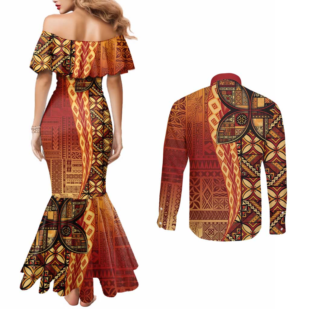 Samoan Pacific Tribal Flower Geometric Art Tattoos Couples Matching Mermaid Dress and Long Sleeve Button Shirt Siapo Pattern Flame Sunset - Polynesian Pride