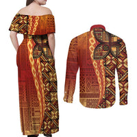 Samoan Pacific Tribal Flower Geometric Art Tattoos Couples Matching Off Shoulder Maxi Dress and Long Sleeve Button Shirt Siapo Pattern Flame Sunset - Polynesian Pride