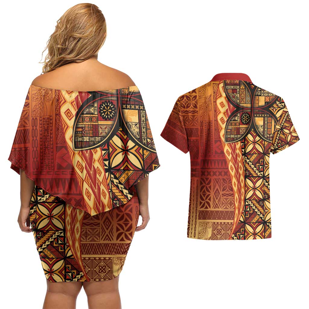 Samoan Pacific Tribal Flower Geometric Art Tattoos Couples Matching Off Shoulder Short Dress and Hawaiian Shirt Siapo Pattern Flame Sunset - Polynesian Pride
