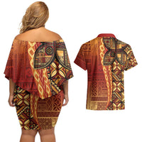 Samoan Pacific Tribal Flower Geometric Art Tattoos Couples Matching Off Shoulder Short Dress and Hawaiian Shirt Siapo Pattern Flame Sunset - Polynesian Pride