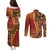 Samoan Pacific Tribal Flower Geometric Art Tattoos Couples Matching Puletasi and Long Sleeve Button Shirt Siapo Pattern Flame Sunset - Polynesian Pride