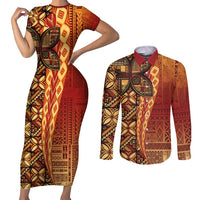 Samoan Pacific Tribal Flower Geometric Art Tattoos Couples Matching Short Sleeve Bodycon Dress and Long Sleeve Button Shirt Siapo Pattern Flame Sunset - Polynesian Pride