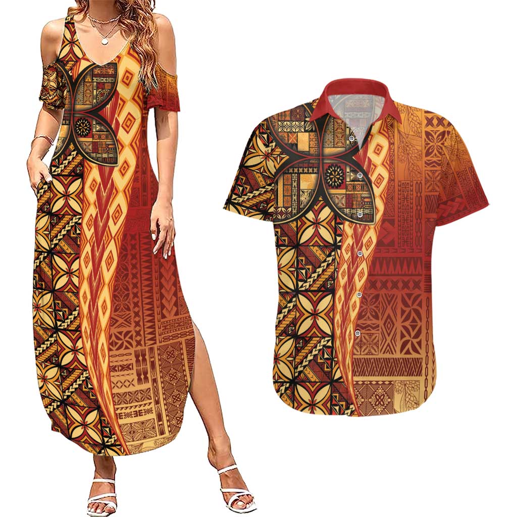 Samoan Pacific Tribal Flower Geometric Art Tattoos Couples Matching Summer Maxi Dress and Hawaiian Shirt Siapo Pattern Flame Sunset - Polynesian Pride