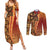 Samoan Pacific Tribal Flower Geometric Art Tattoos Couples Matching Summer Maxi Dress and Long Sleeve Button Shirt Siapo Pattern Flame Sunset - Polynesian Pride