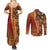 Samoan Pacific Tribal Flower Geometric Art Tattoos Couples Matching Summer Maxi Dress and Long Sleeve Button Shirt Siapo Pattern Flame Sunset - Polynesian Pride