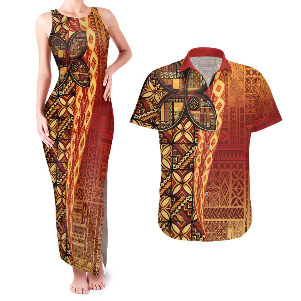 Samoan Pacific Tribal Flower Geometric Art Tattoos Couples Matching Tank Maxi Dress and Hawaiian Shirt Siapo Pattern Flame Sunset - Polynesian Pride