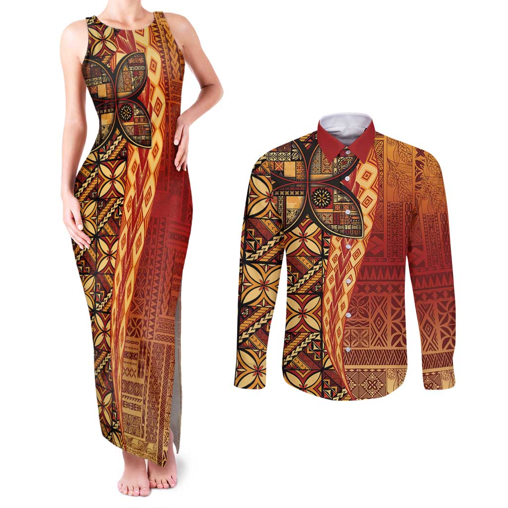 Samoan Pacific Tribal Flower Geometric Art Tattoos Couples Matching Tank Maxi Dress and Long Sleeve Button Shirt Siapo Pattern Flame Sunset - Polynesian Pride