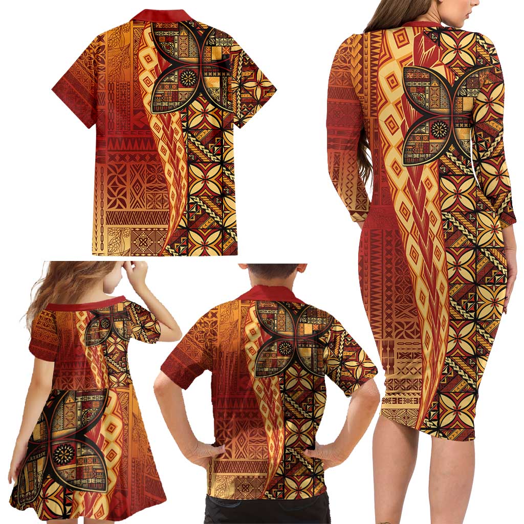 Samoan Pacific Tribal Flower Geometric Art Tattoos Family Matching Long Sleeve Bodycon Dress and Hawaiian Shirt Siapo Pattern Flame Sunset - Polynesian Pride