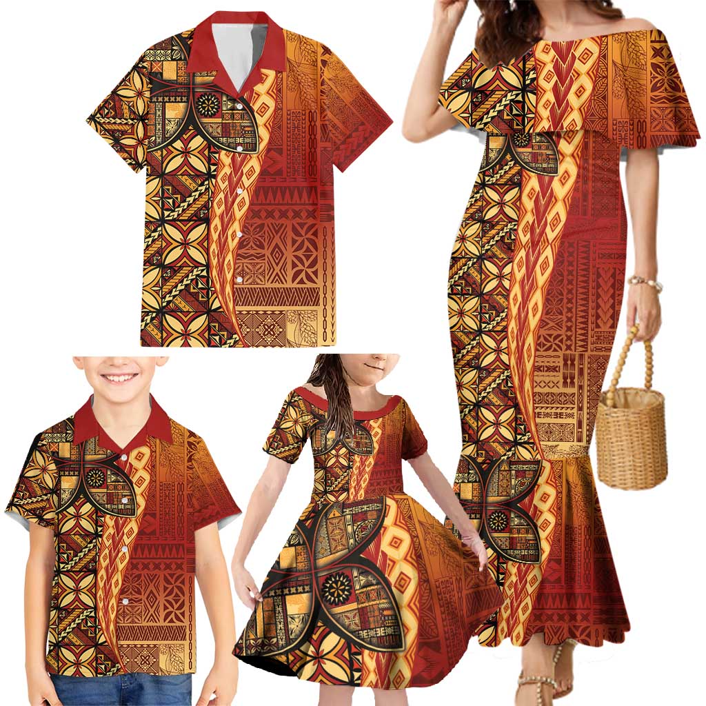 Samoan Pacific Tribal Flower Geometric Art Tattoos Family Matching Mermaid Dress and Hawaiian Shirt Siapo Pattern Flame Sunset - Polynesian Pride
