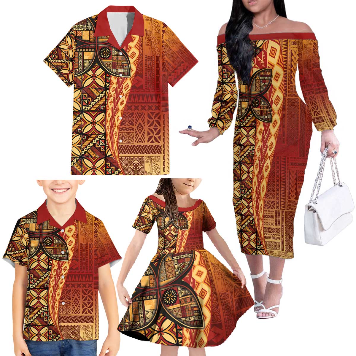 Samoan Pacific Tribal Flower Geometric Art Tattoos Family Matching Off The Shoulder Long Sleeve Dress and Hawaiian Shirt Siapo Pattern Flame Sunset - Polynesian Pride