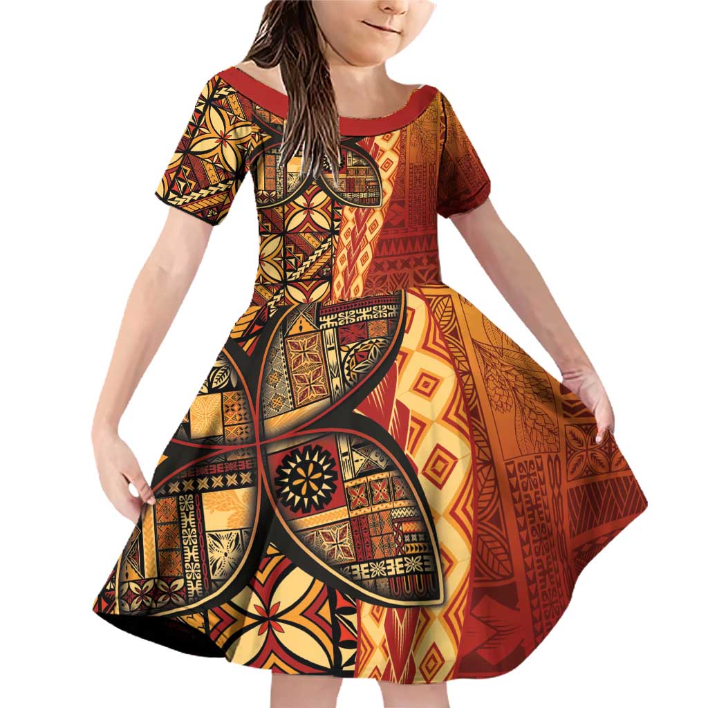 Samoan Pacific Tribal Flower Geometric Art Tattoos Family Matching Off Shoulder Short Dress and Hawaiian Shirt Siapo Pattern Flame Sunset - Polynesian Pride