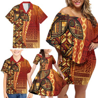 Samoan Pacific Tribal Flower Geometric Art Tattoos Family Matching Off Shoulder Short Dress and Hawaiian Shirt Siapo Pattern Flame Sunset - Polynesian Pride