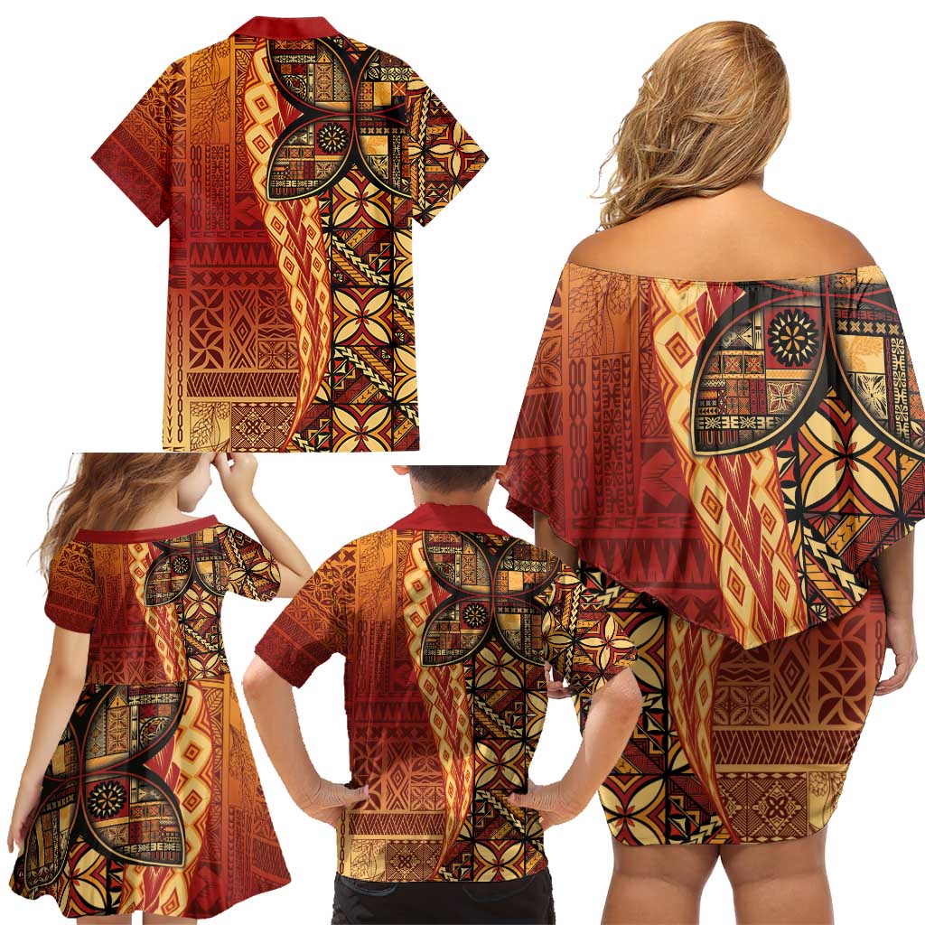 Samoan Pacific Tribal Flower Geometric Art Tattoos Family Matching Off Shoulder Short Dress and Hawaiian Shirt Siapo Pattern Flame Sunset - Polynesian Pride