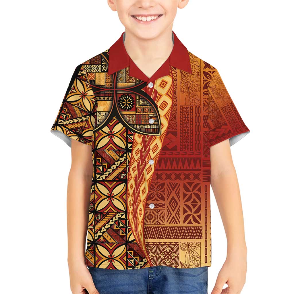 Samoan Pacific Tribal Flower Geometric Art Tattoos Family Matching Off Shoulder Short Dress and Hawaiian Shirt Siapo Pattern Flame Sunset - Polynesian Pride