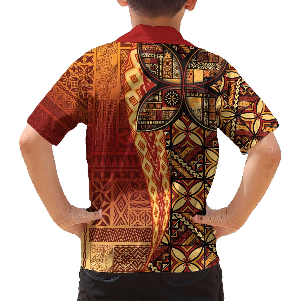 Samoan Pacific Tribal Flower Geometric Art Tattoos Family Matching Puletasi and Hawaiian Shirt Siapo Pattern Flame Sunset - Polynesian Pride