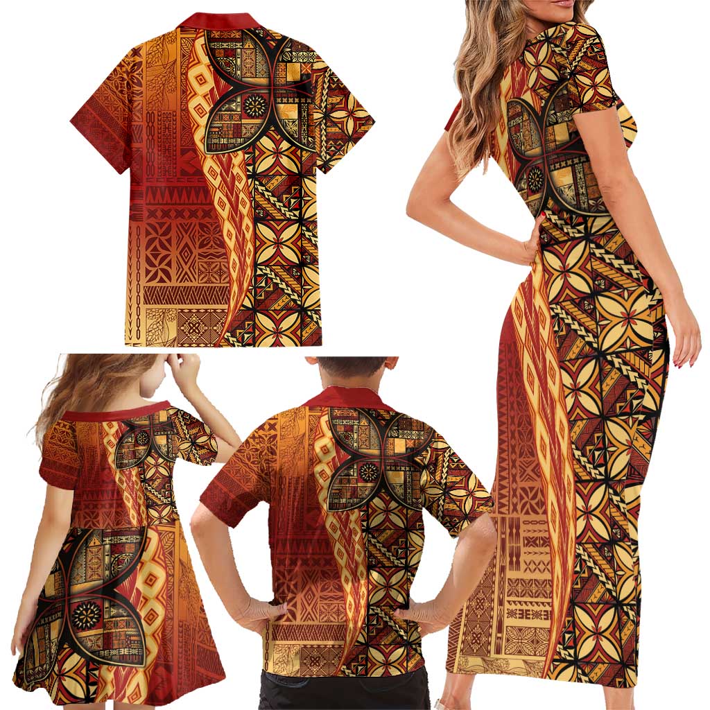 Samoan Pacific Tribal Flower Geometric Art Tattoos Family Matching Short Sleeve Bodycon Dress and Hawaiian Shirt Siapo Pattern Flame Sunset - Polynesian Pride