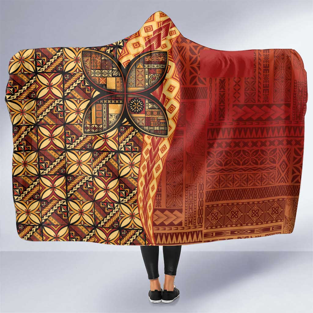 Samoan Pacific Tribal Flower Geometric Art Tattoos Hooded Blanket Siapo Pattern Flame Sunset - Polynesian Pride
