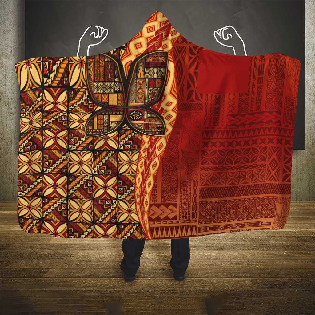 Samoan Pacific Tribal Flower Geometric Art Tattoos Hooded Blanket Siapo Pattern Flame Sunset - Polynesian Pride