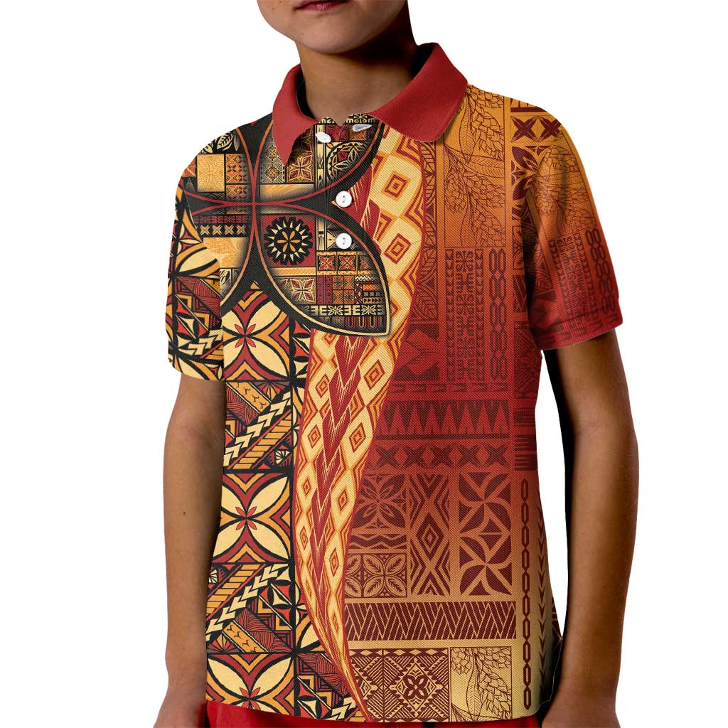 Samoan Pacific Tribal Flower Geometric Art Tattoos Kid Polo Shirt Siapo Pattern Flame Sunset - Polynesian Pride