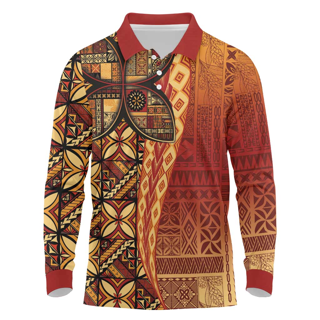 Samoan Pacific Tribal Flower Geometric Art Tattoos Long Sleeve Polo Shirt Siapo Pattern Flame Sunset - Polynesian Pride