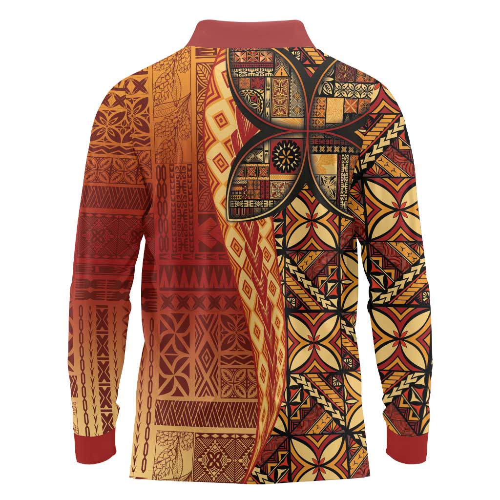 Samoan Pacific Tribal Flower Geometric Art Tattoos Long Sleeve Polo Shirt Siapo Pattern Flame Sunset - Polynesian Pride
