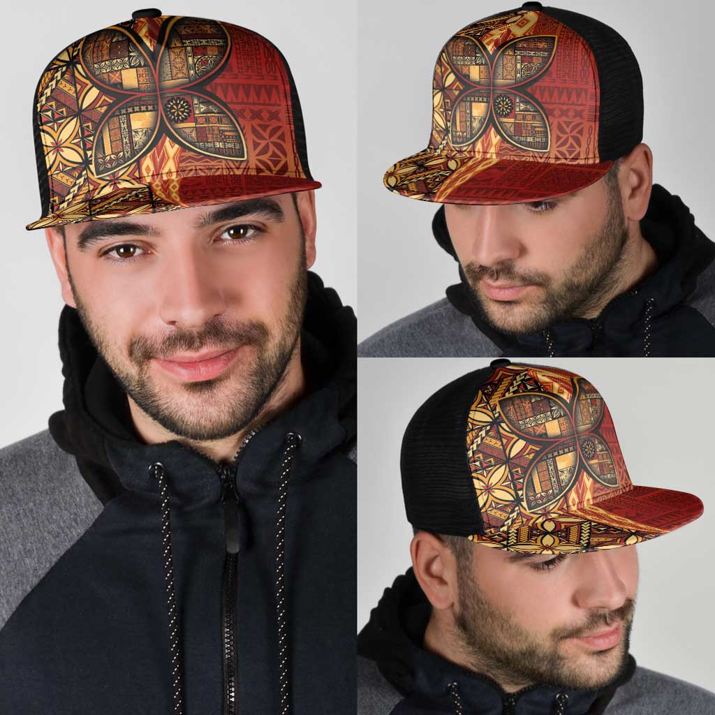 Samoan Pacific Tribal Flower Geometric Art Tattoos Mesh Trucker Cap Siapo Pattern Flame Sunset - Polynesian Pride