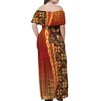 Samoan Pacific Tribal Flower Geometric Art Tattoos Off Shoulder Maxi Dress Siapo Pattern Flame Sunset - Polynesian Pride