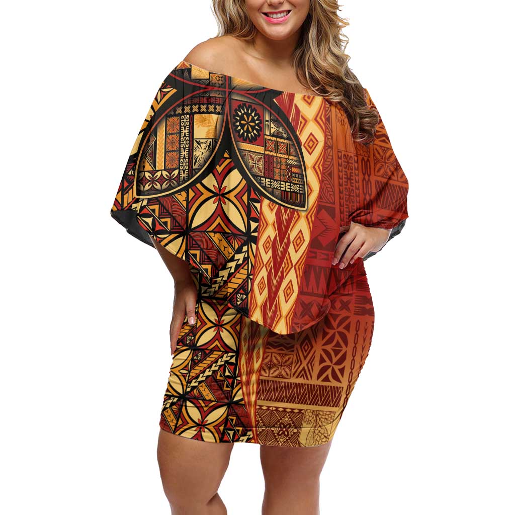 Samoan Pacific Tribal Flower Geometric Art Tattoos Off Shoulder Short Dress Siapo Pattern Flame Sunset - Polynesian Pride
