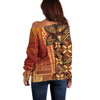 Samoan Pacific Tribal Flower Geometric Art Tattoos Off Shoulder Sweater Siapo Pattern Flame Sunset - Polynesian Pride