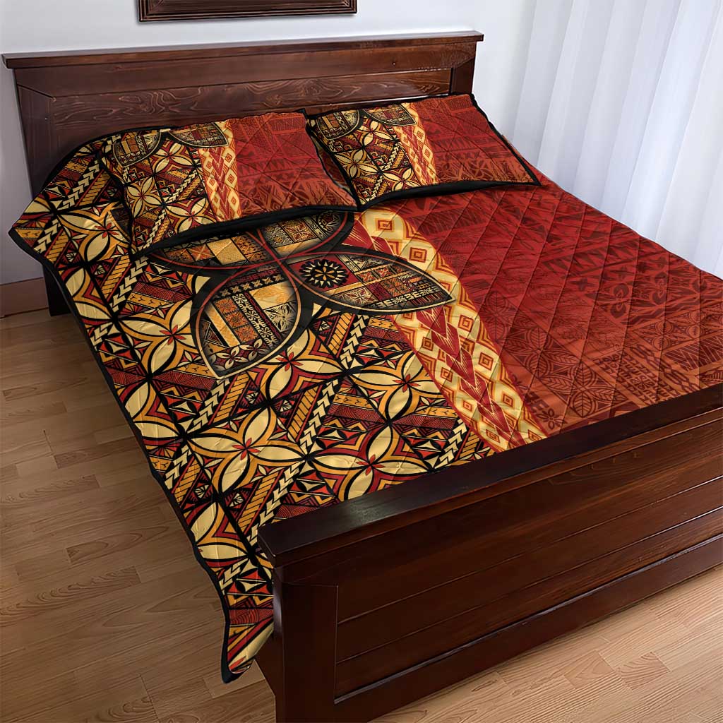 Samoan Pacific Tribal Flower Geometric Art Tattoos Quilt Bed Set Siapo Pattern Flame Sunset - Polynesian Pride