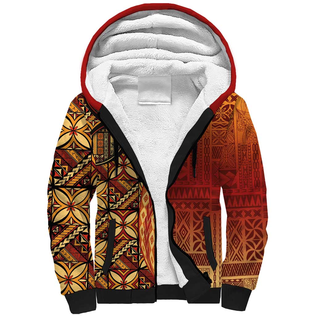 Samoan Pacific Tribal Flower Geometric Art Tattoos Sherpa Hoodie Siapo Pattern Flame Sunset - Polynesian Pride