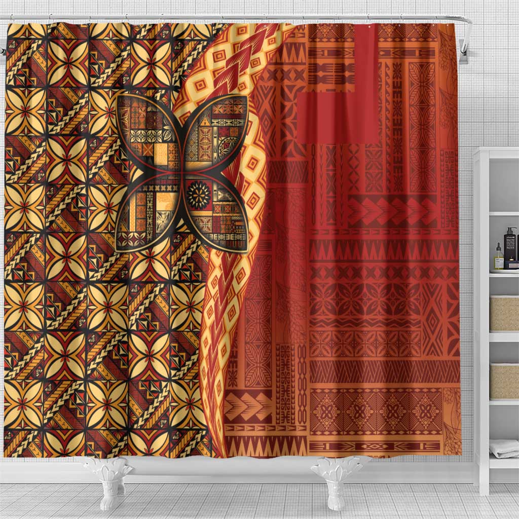 Samoan Pacific Tribal Flower Geometric Art Tattoos Shower Curtain Siapo Pattern Flame Sunset - Polynesian Pride