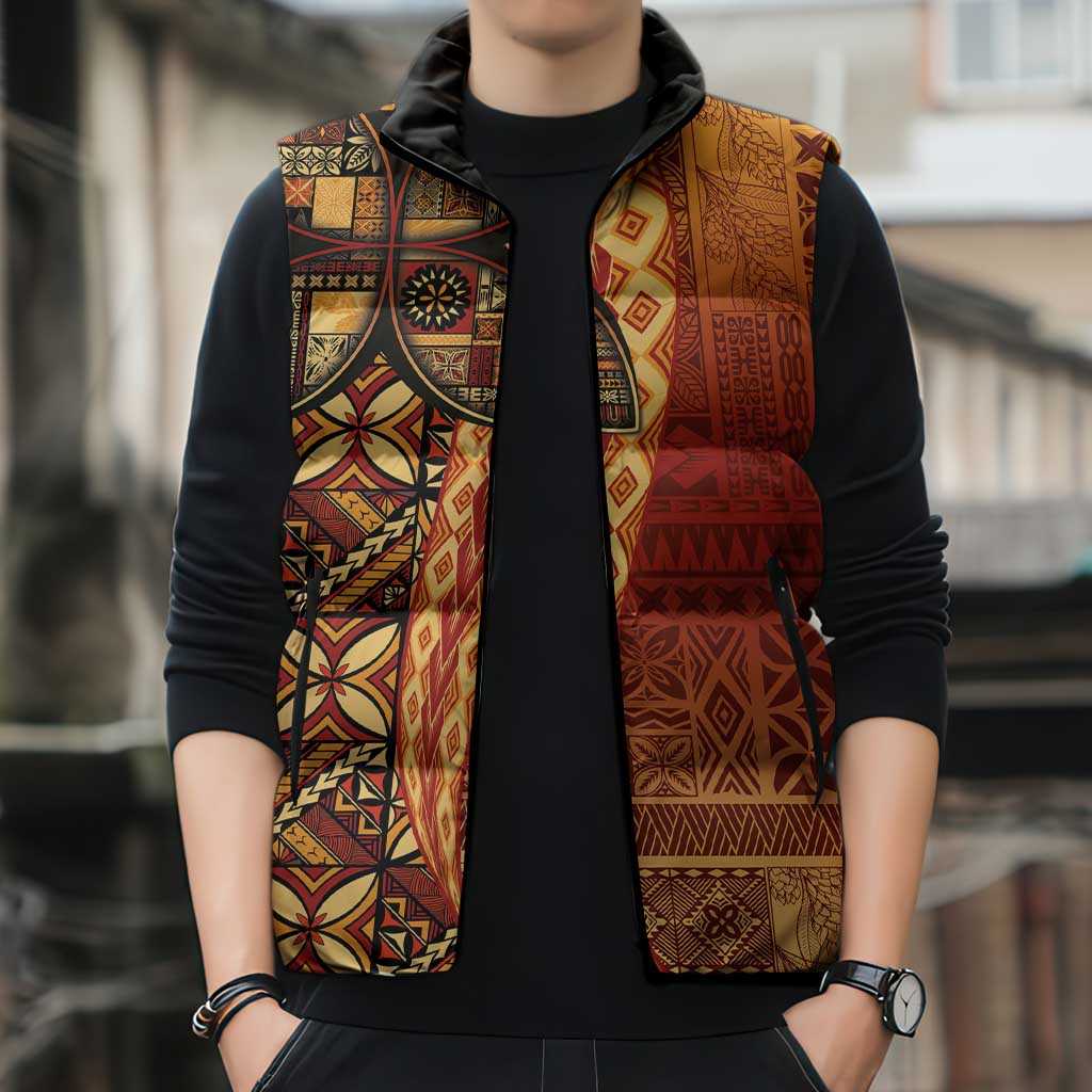 Samoan Pacific Tribal Flower Geometric Art Tattoos Sleeveless Puffer Jacket Siapo Pattern Flame Sunset - Polynesian Pride