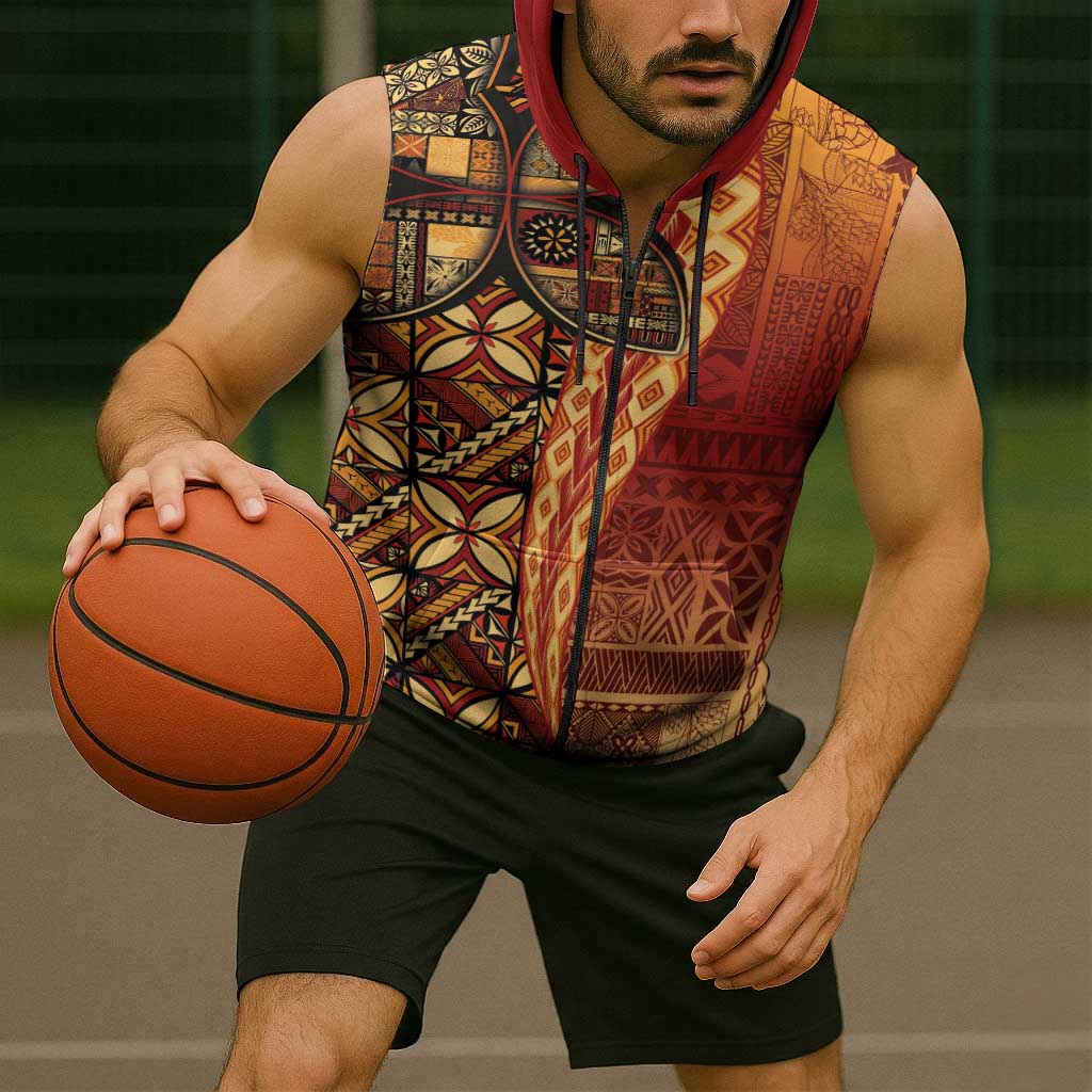 Samoan Pacific Tribal Flower Geometric Art Tattoos Sleeveless Zip Hoodie Siapo Pattern Flame Sunset - Polynesian Pride